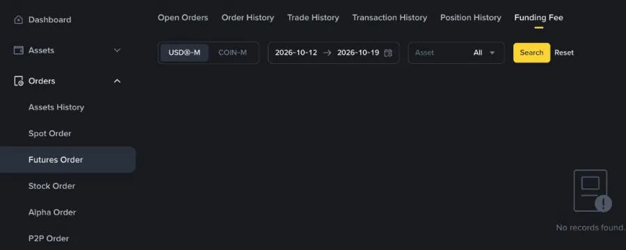 Binance account page Orders, Futures Order, Funding Fee tab with a date range and asset filter