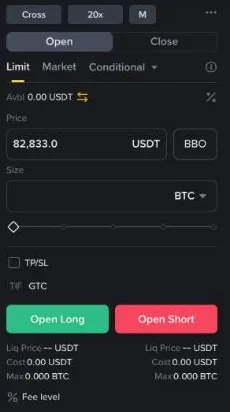 Binance futures order panel with Limit, Market and Conditional tabs, a price field and a GTC time-in-force setting
